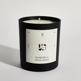 A black jar candle with a label that reads 'CRANBERRY & SPICED GINGER' and a date '2009' on the top. The candle is lit, and the shadow of the candle on the wall shows a distinctive shape.